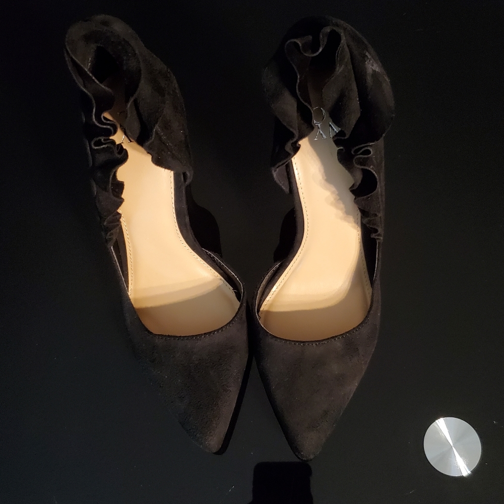 Brand New. No Blemishes. Black Frilly Suede Heels